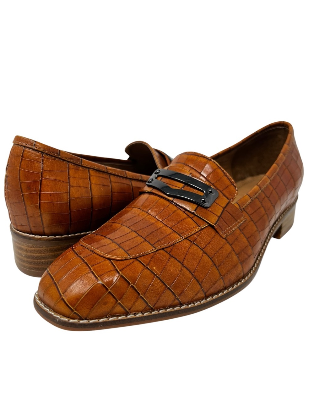 Mona Flying Cognac Croc-Embossed Leather Slip-On Loafers with Metal Accent